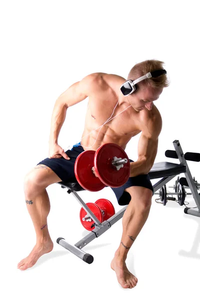 Portrait Muscular Blond Young Man Lifting Weights Listening Music Headphones — Stock Photo, Image
