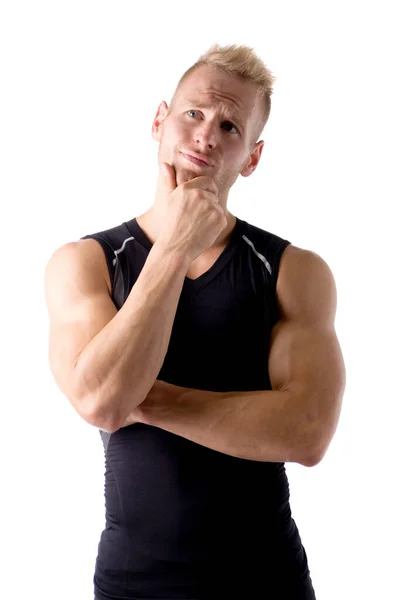 Muscular Young Man Unsure Confused Scratching Chin Hand Isolated White — Stock Photo, Image