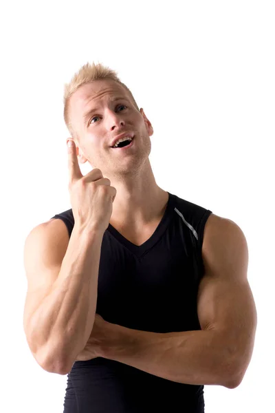 Jovem Homem Musculoso Bonito Ter Uma Ideia Pensar Isolado Branco — Fotografia de Stock