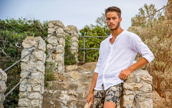 Handsome Young Man Trendy Attire Outdoor Nature Sunny Summer Day — Stock Photo, Image