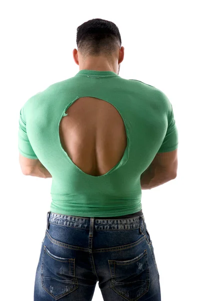 Visão Traseira Homem Muscular Anônimo Shirt Rasgada Sobre Fundo Branco — Fotografia de Stock