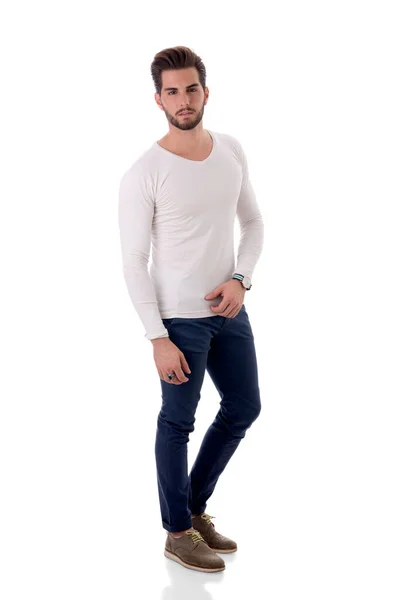 Handsome Young Man Standing White Shirt Full Length Body Shot — Stock Photo, Image