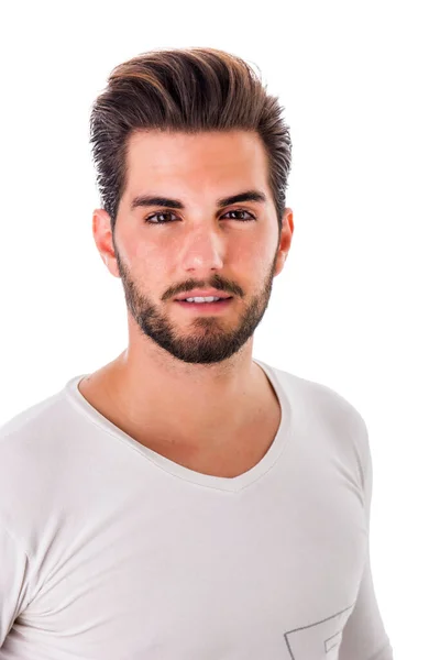 Schöner Junger Mann Mit Weißem Hemd Halblanges Körperbild Isoliert — Stockfoto