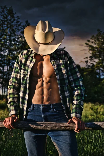 Ritratto Contadino Sexy Irriconoscibile Cowboy Cappello Guardando Lato Mentre Piedi — Foto Stock