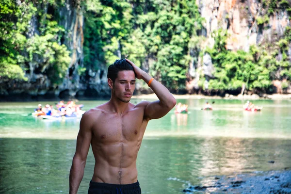 Half Body Shot Handsome Muscular Young Man Standing Beach Phuket — Stock Photo, Image