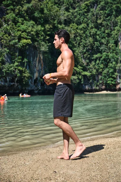 Whole Body Shot Handsome Muscular Young Man Standing Beach Phuket — Stock Photo, Image