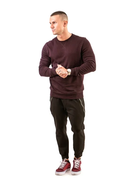 Handsome Young Man Standing Dark Shirt Full Length Body Shot — Stock Photo, Image