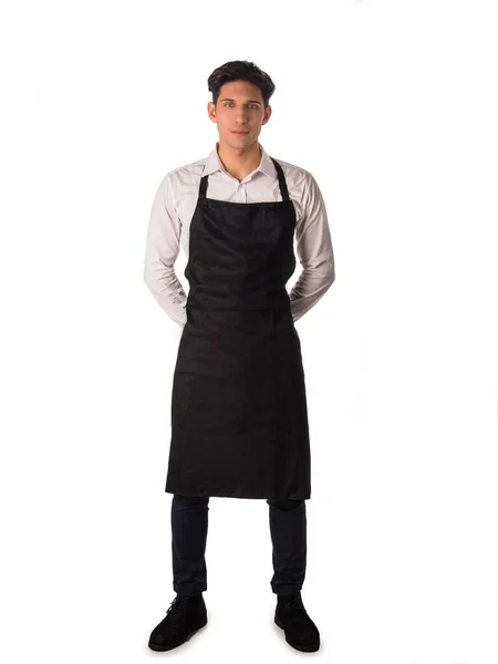 Full Length Shot Young Chef Waiter Posing Wearing Black Apron — Stockfoto
