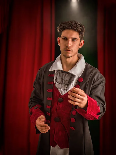 Young Man Aristocrat Costume Gesticulating Looking Away While Performing Stage — Stock Photo, Image