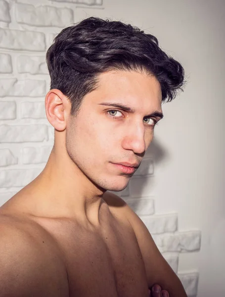 Handsome Young Mans Headshot White Wall Looking Camera Side — Photo