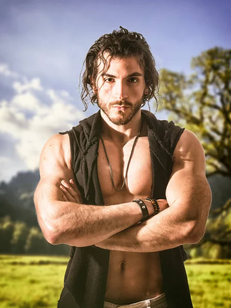 Confident Attractive Muscular Young Man Open Vest Muscular Torso Ripped — Stock Photo, Image