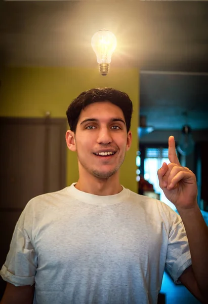 Young Handsome Man Having Idea Lit Light Bulb His Head — Stock Photo, Image