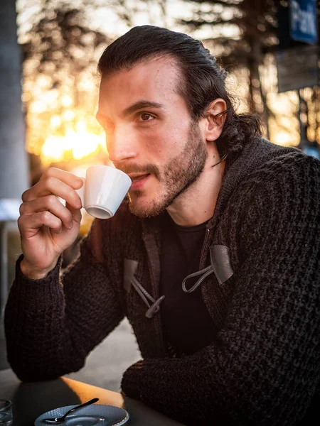 One Handsome Young Man Drinking Espresso Coffee Sitting Urban Setting — Stock Photo, Image