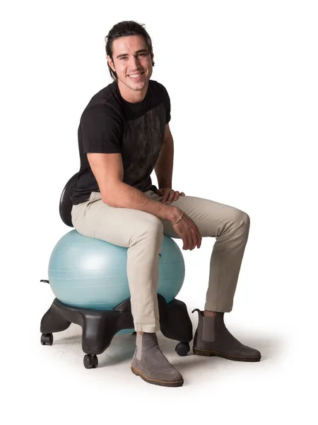 Full Body Male Sitting Balance Ball Chair Hands Legs White — Stock Photo, Image