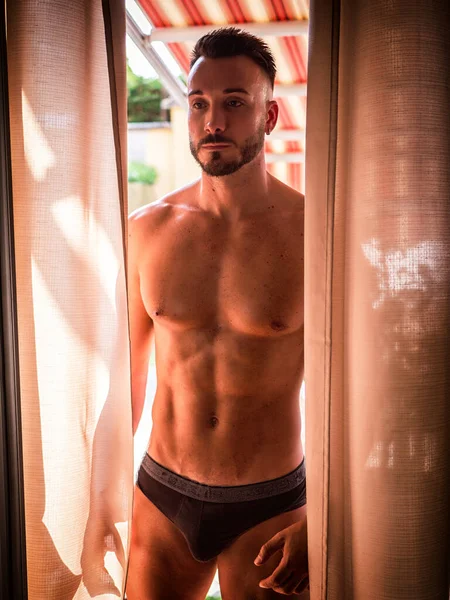Portrait Sexy Shirtless Muscular Man Next Window Curtains Day Wearing — Stock Photo, Image