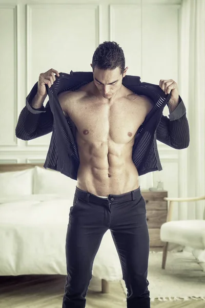 Sexy Handsome Man Standing Dressing His Bedroom Looking Shirt Open — стоковое фото