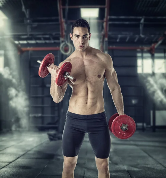 Muscular Sexy Shirtless Young Man Exercising Biceps Dumbbells Dark Gym — Stock Photo, Image