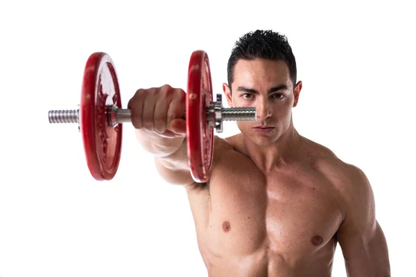 Muscular Sexy Shirtless Young Man Exercising Shoulders Dumbbells Isolated White — Stock Photo, Image