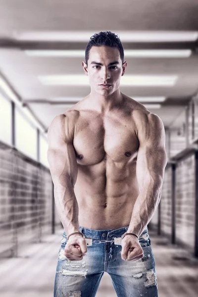 Muscular Shirtless Young Man Handcuffs Prison Looking Camera — Stock Photo, Image