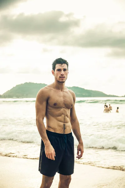 Attractive Young Man Standing Beach Phuket Island Thailand Shirtless Wearing — Stock Photo, Image