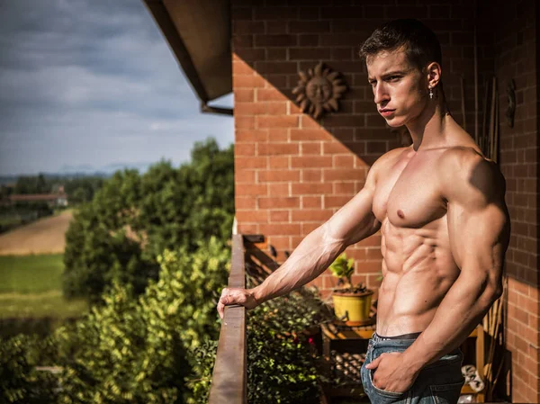 Handsome Shirtless Muscular Young Man Outdoor Balcony Terrace Wearing Only — Foto de Stock