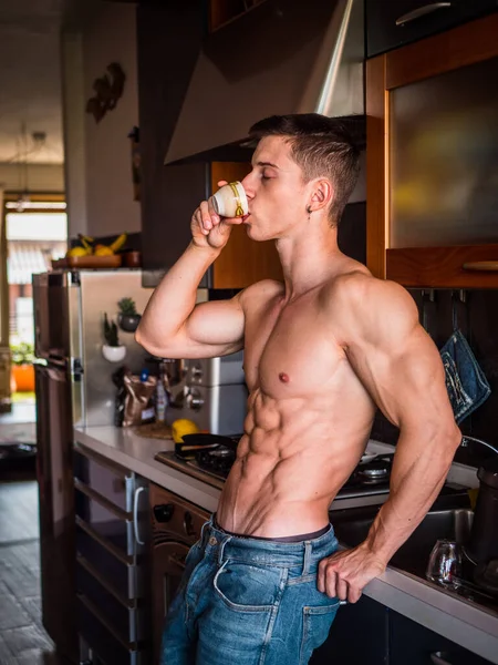 Side View Sexy Muscular Topless Man Drinking Espresso Coffee Breakfast — Stock Photo, Image
