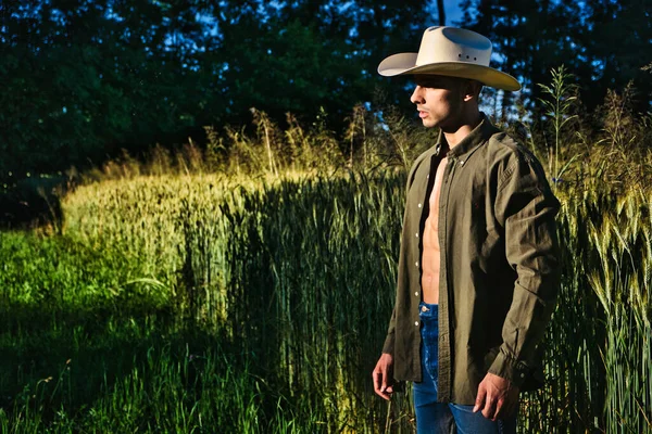 Portrait Sexy Farmer Cowboy Hat Unbuttoned Shirt Muscular Torso Looking — Photo