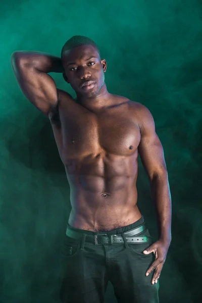 Handsome Shirtless Muscular Black Young Man Looking Camera Dark Background — Stock Fotó