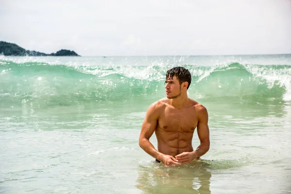 Handsome Young Man Standing Beach Phuket Island Thailand Shirtless Wearing — Stock Photo, Image