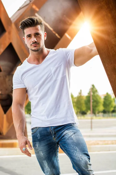 Attractive Man Urban Setting Front Big Metal Structure — Stock Photo, Image