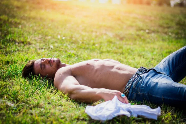 光着膀子的合适的男性的模型的令人放松的躺在草地上 从上面拍摄 — 图库照片
