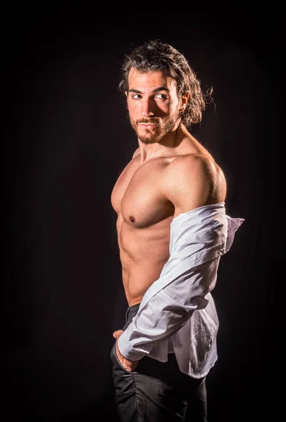 Schöner Junger Muskulöser Mann Jeans Weißes Hemd Auf Nacktem Muskel — Stockfoto