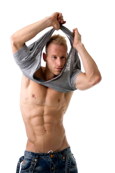Good Looking Young Gym Fit Man Showing His Sexy Six — Stock Photo, Image