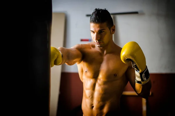 Bonito Homem Sem Camisa Musculoso Com Luvas Boxeador Ginásio — Fotografia de Stock