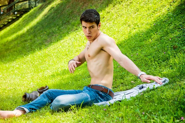 Attractive Young Man Grass Scared Frightened Insects Bugs — Stock Photo, Image