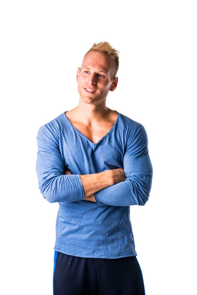Fit Knappe Jonge Mannelijke Model Poseren Zelfverzekerd Geïsoleerd Wit — Stockfoto
