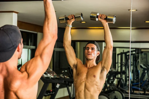 Handsome Shirtless Muscular Young Man Exercising Shoulders Gym Dumbbells — Fotografia de Stock