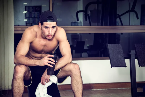 Attractive Athletic Shirtless Young Man Holding Protein Shake Blender Gym — Stock Photo, Image