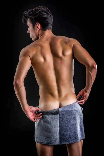 Back Naked Handsome Young Man Sexy Body Covering Buttocks Towel — Stock Photo, Image