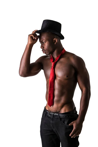 Vonzó Fekete Fiatal Izomember Meztelen Csak Nadrágot Piros Nyakkendőt Visel — Stock Fotó