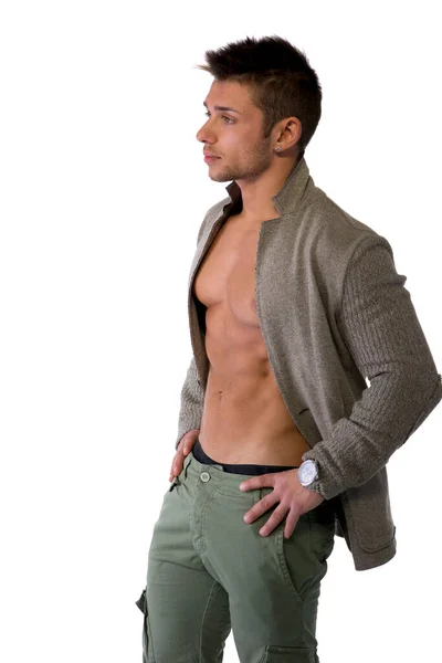 Confident Attractive Young Man Open Jacket Muscular Torso Ripped Abs — Stock Photo, Image