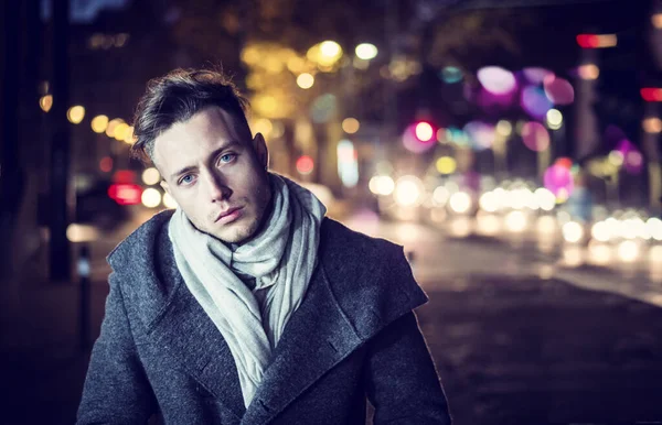 Handsome Trendy Young Man Standing Sidewalk City Setting Night Wearing — Stock Photo, Image