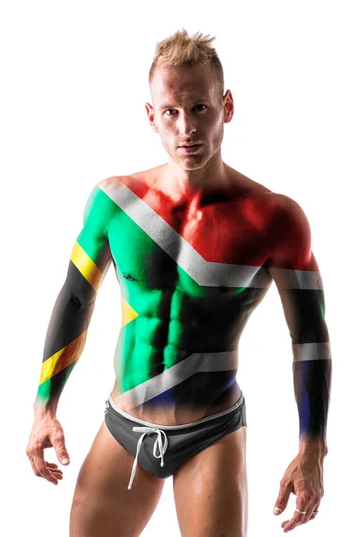 Shirtless Gespierde Blonde Jongeman Met Zuid Afrika Vlag Geschilderd Naakte — Stockfoto