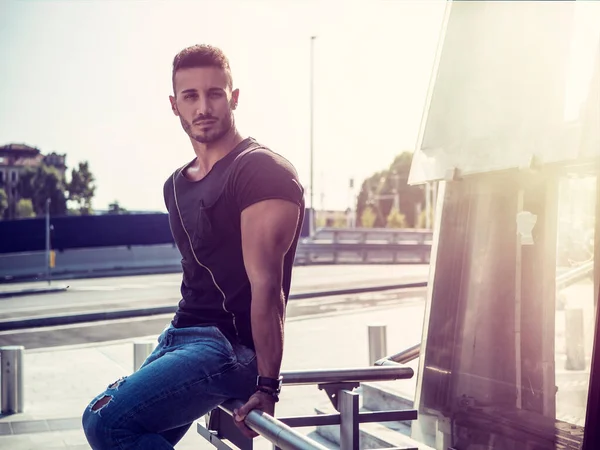 One Handsome Young Man Urban Setting European City Wearing Jeans — Stock Photo, Image