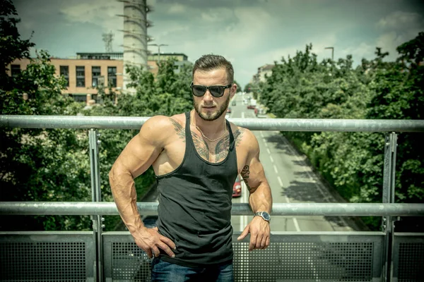 Handsome Muscular Athletic Man City Park Day Street Wearing Black — Stock Photo, Image