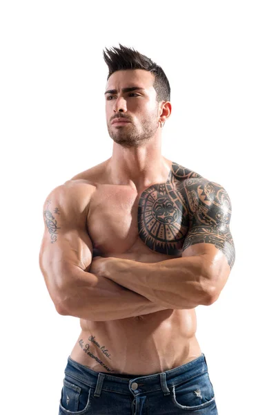 Handsome Shirtless Athletic Man Jeans Arms Crossed Muscular Chest Looking — Stock Photo, Image