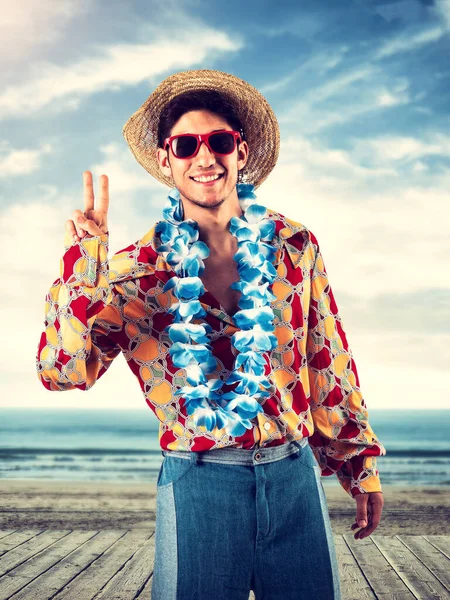 Young Male Colorful Clothes Flower Garland Neck Straw Hat Looking — Stock Photo, Image