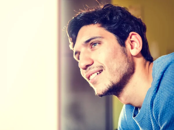 Profile Photo Happy Handsome Young Man Looking Side Home — Stock Photo, Image