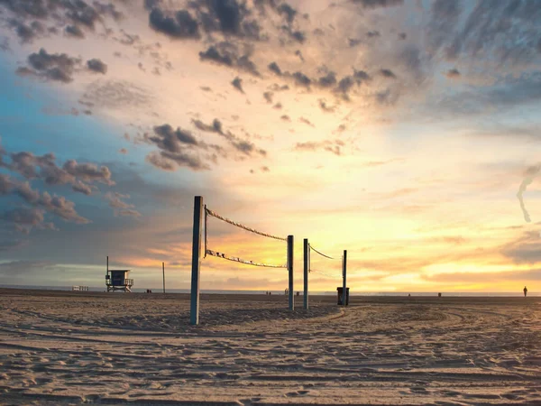 Picturesque Scenery Empty Sandy Beach Volleyball Nets Sunrise Sky Los — Stock Photo, Image