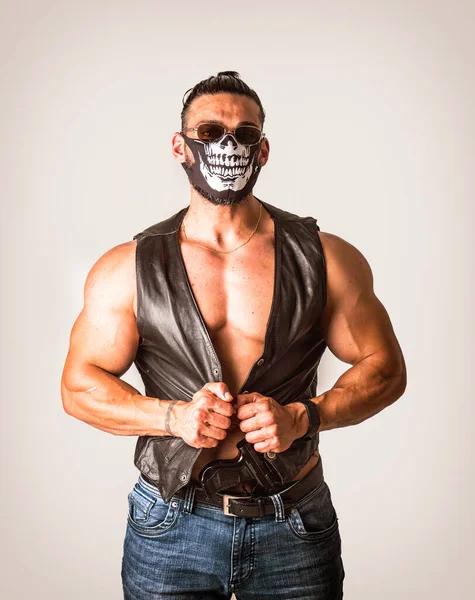 Handsome Muscular Man Mask Face Robber Bandit Studio Shot — Stock Photo, Image